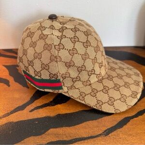 Gucci Beige/Brown GG Monogram Baseball Cap with Green-Red Web